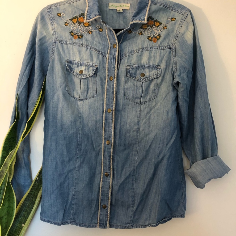 UO chambray embroidered button up